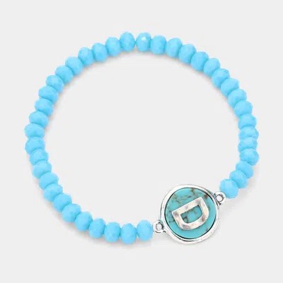 Fashnzfab -d- Initial Monogram Turquoise Charm Faceted Beaded Stretch Bracelet Turquoise In Blue