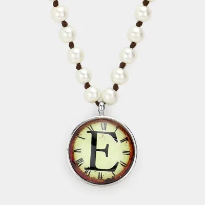 Fashnzfab -e- Initial Monogram Pearl Beaded Watch Printed Long Necklace - Cream, Rhodium In Multi