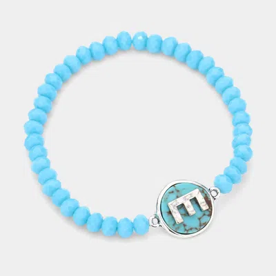 Fashnzfab -e- Initial Monogram Turquoise Charm Faceted Beaded Stretch Bracelet Turquoise In Blue