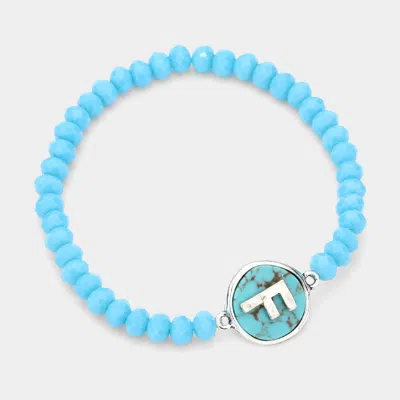 Fashnzfab -f- Initial Monogram Turquoise Charm Faceted Beaded Stretch Bracelet Turquoise In Blue