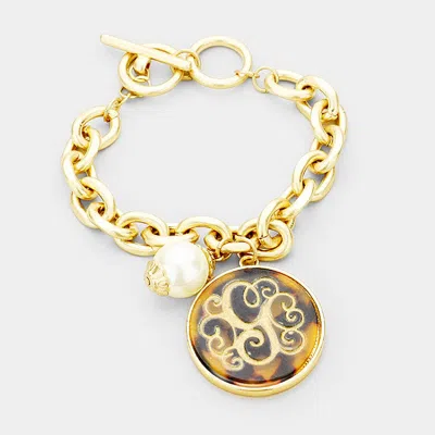 Fashnzfab -g- Initial Monogram Pearl Charm Chain Link Bracelet Tortoise, Worn Gold In Multi