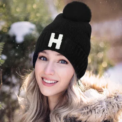 Fashnzfab -h- Initial Monogram Faux Fur Pom Pom Knit Beanie Hat In Black