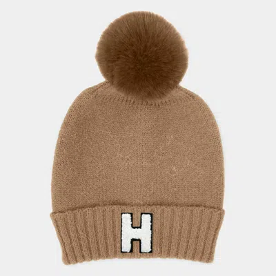 Fashnzfab -h- Initial Monogram Faux Fur Pom Pom Knit Beanie Hat In Brown