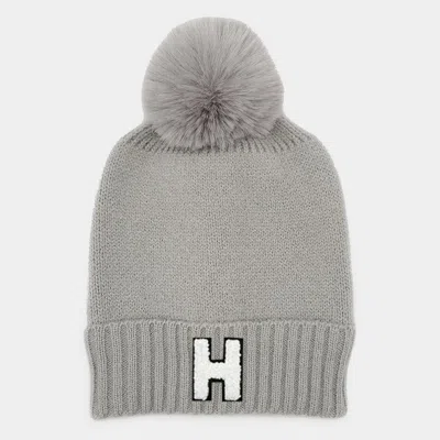 Fashnzfab -h- Initial Monogram Faux Fur Pom Pom Knit Beanie Hat In Gray