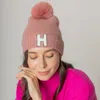 Fashnzfab -h- Initial Monogram Faux Fur Pom Pom Knit Beanie Hat In Pink