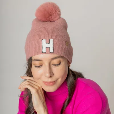 Fashnzfab -h- Initial Monogram Faux Fur Pom Pom Knit Beanie Hat In Pink