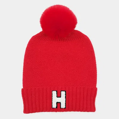 Fashnzfab -h- Initial Monogram Faux Fur Pom Pom Knit Beanie Hat In Red