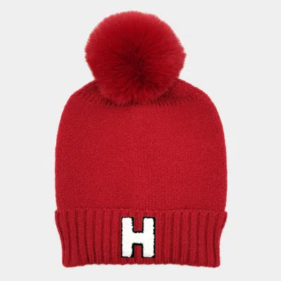 Fashnzfab -h- Initial Monogram Faux Fur Pom Pom Knit Beanie Hat In White