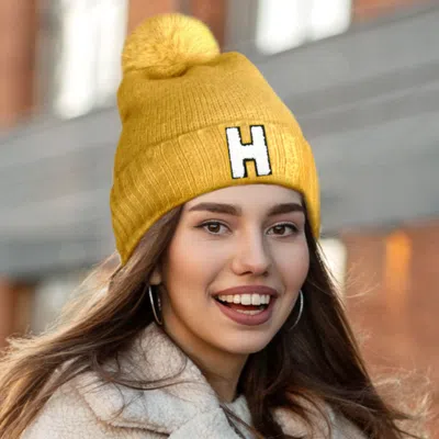 Fashnzfab -h- Initial Monogram Faux Fur Pom Pom Knit Beanie Hat In Yellow