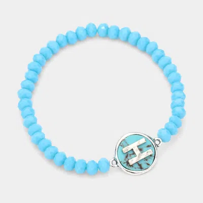 Fashnzfab -h- Initial Monogram Turquoise Charm Faceted Beaded Stretch Bracelet Turquoise In Blue