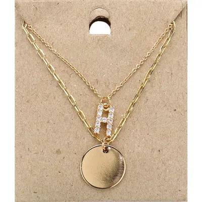 Fashnzfab -h- Rhinestone Initial Initial Monogram Metal Disc Pendant Double Layered Necklace In Gold