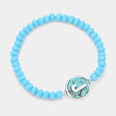 Fashnzfab -j- Initial Monogram Turquoise Charm Faceted Beaded Stretch Bracelet Turquoise In Blue