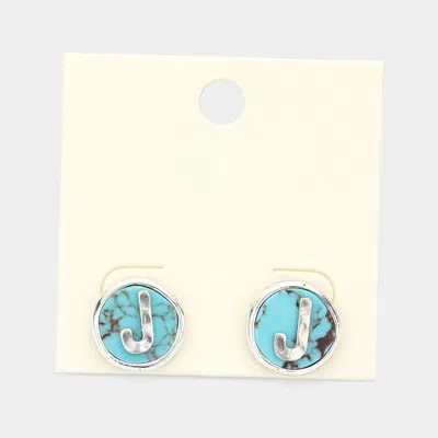 Fashnzfab -j- Initial Monogram Turquoise Stud Earrings - Turquoise, ~j~ In Blue