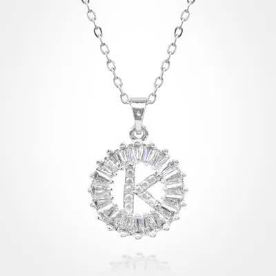 Fashnzfab -k- Stainless Steel Cz Stone Embellished Round Initial Monogram Pendant Necklace In Metallic