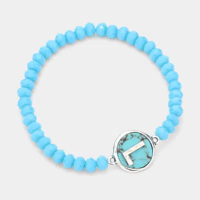 Fashnzfab -l- Initial Monogram Turquoise Charm Faceted Beaded Stretch Bracelet Turquoise In Blue