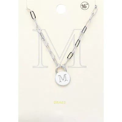 Fashnzfab -m- Brass Metal Initial Monogram Lock Pendant Necklace In Silver