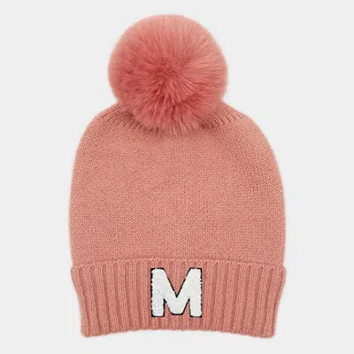 Fashnzfab -m- Initial Monogram Faux Fur Pom Pom Knit Beanie Hat In Pink