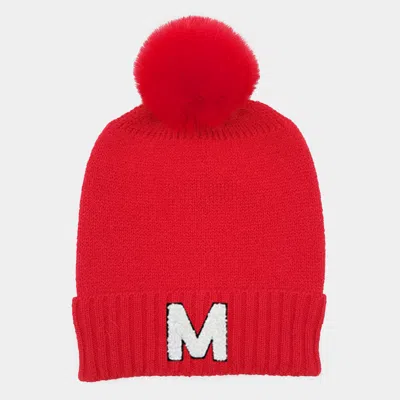 Fashnzfab -m- Initial Monogram Faux Fur Pom Pom Knit Beanie Hat In Red