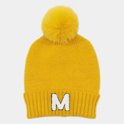 Fashnzfab -m- Initial Monogram Faux Fur Pom Pom Knit Beanie Hat In Yellow