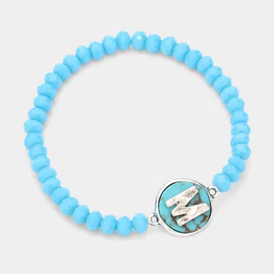 Fashnzfab -m- Initial Monogram Turquoise Charm Faceted Beaded Stretch Bracelet Turquoise In Blue