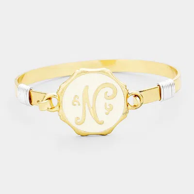 Fashnzfab -n- Acrylic Initial Monogram Metal Disc Hook Bracelet Worn Gold In Multi