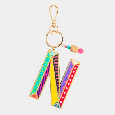 Fashnzfab -n- Geometric Patterned Wood Initial Monogram Keychain In Gold