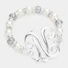 Fashnzfab -n- Initial Monogram Charm Pearl Filigree Stretch Bracelet Antique Silver In Multi