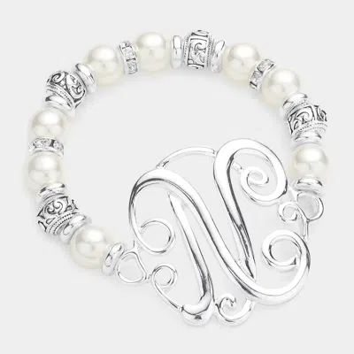Fashnzfab -n- Initial Monogram Charm Pearl Filigree Stretch Bracelet Antique Silver In Multi