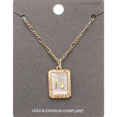 Fashnzfab -n- Initial Monogram Genuine Shell Rectangle Pendant Necklace In Gold