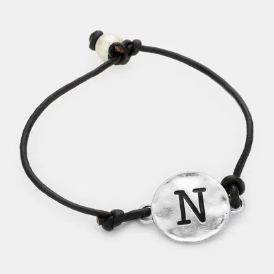 Fashnzfab -n- Initial Monogram Metal Disc Pearl Pointed Bracelet ~n~, Black, Silver In Multi