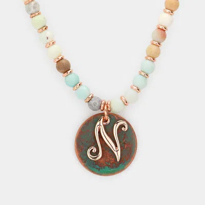 Fashnzfab -n- Initial Monogram Pendant Natural Stone Long Necklace In Gold