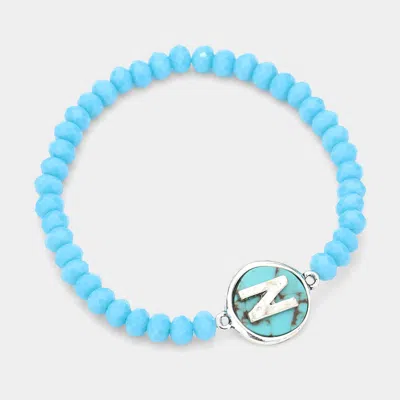 Fashnzfab -n- Initial Monogram Turquoise Charm Faceted Beaded Stretch Bracelet Turquoise In Blue