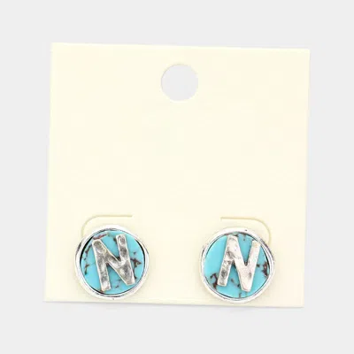 Fashnzfab -n- Initial Monogram Turquoise Stud Earrings - Turquoise, ~n~ In Blue