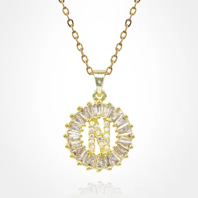 Fashnzfab -n- Stainless Steel Cz Stone Embellished Round Initial Monogram Pendant Necklace In Gold