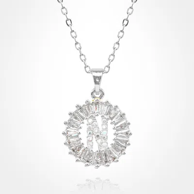 Fashnzfab -n- Stainless Steel Cz Stone Embellished Round Initial Monogram Pendant Necklace In Silver
