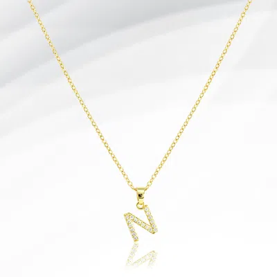 Fashnzfab -n- Stainless Steel Cz Stone Paved Initial Monogram Pendant Necklace In Gold
