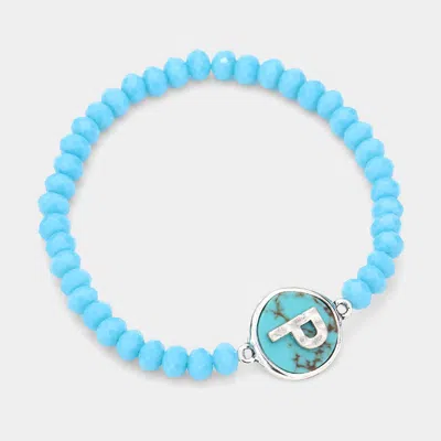 Fashnzfab -p- Initial Monogram Turquoise Charm Faceted Beaded Stretch Bracelet Turquoise In Blue
