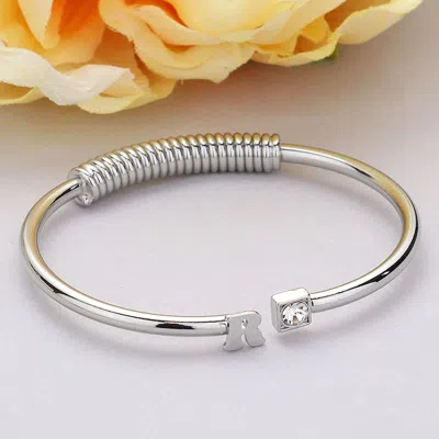 Fashnzfab -r- Initial Monogram Brass Metal Round Stone Tip Cuff Bracelet Rhodium In Multi