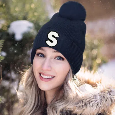 Fashnzfab -s- Initial Monogram Faux Fur Pom Pom Knit Beanie Hat In Blue