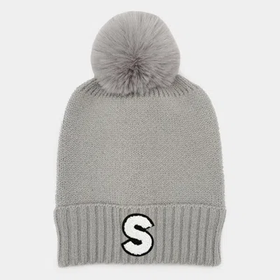 Fashnzfab -s- Initial Monogram Faux Fur Pom Pom Knit Beanie Hat In Gray