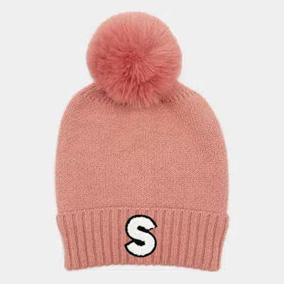 Fashnzfab -s- Initial Monogram Faux Fur Pom Pom Knit Beanie Hat In Pink