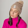 Fashnzfab -s- Initial Monogram Faux Fur Pom Pom Knit Beanie Hat In Sand