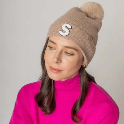 Fashnzfab -s- Initial Monogram Faux Fur Pom Pom Knit Beanie Hat In Sand