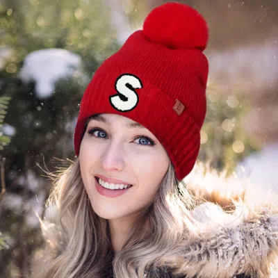Fashnzfab -s- Initial Monogram Faux Fur Pom Pom Knit Beanie Hat In White