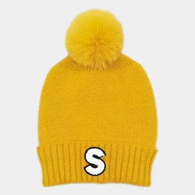 Fashnzfab -s- Initial Monogram Faux Fur Pom Pom Knit Beanie Hat In Yellow