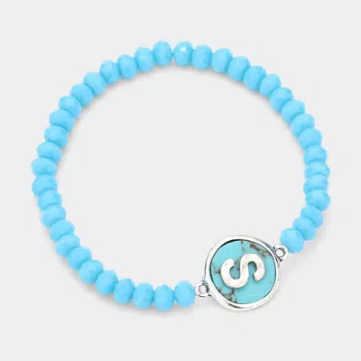 Fashnzfab -s- Initial Monogram Turquoise Charm Faceted Beaded Stretch Bracelet Turquoise In Blue