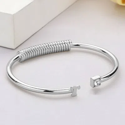 Fashnzfab -t- Initial Monogram Brass Metal Round Stone Tip Cuff Bracelet Rhodium In Multi