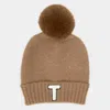Fashnzfab -t- Initial Monogram Faux Fur Pom Pom Knit Beanie Hat In Brown