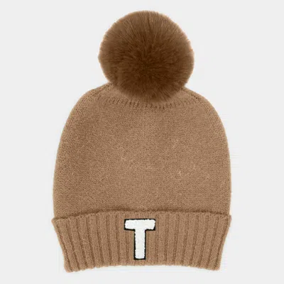 Fashnzfab -t- Initial Monogram Faux Fur Pom Pom Knit Beanie Hat In Brown