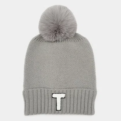 Fashnzfab -t- Initial Monogram Faux Fur Pom Pom Knit Beanie Hat In Gray